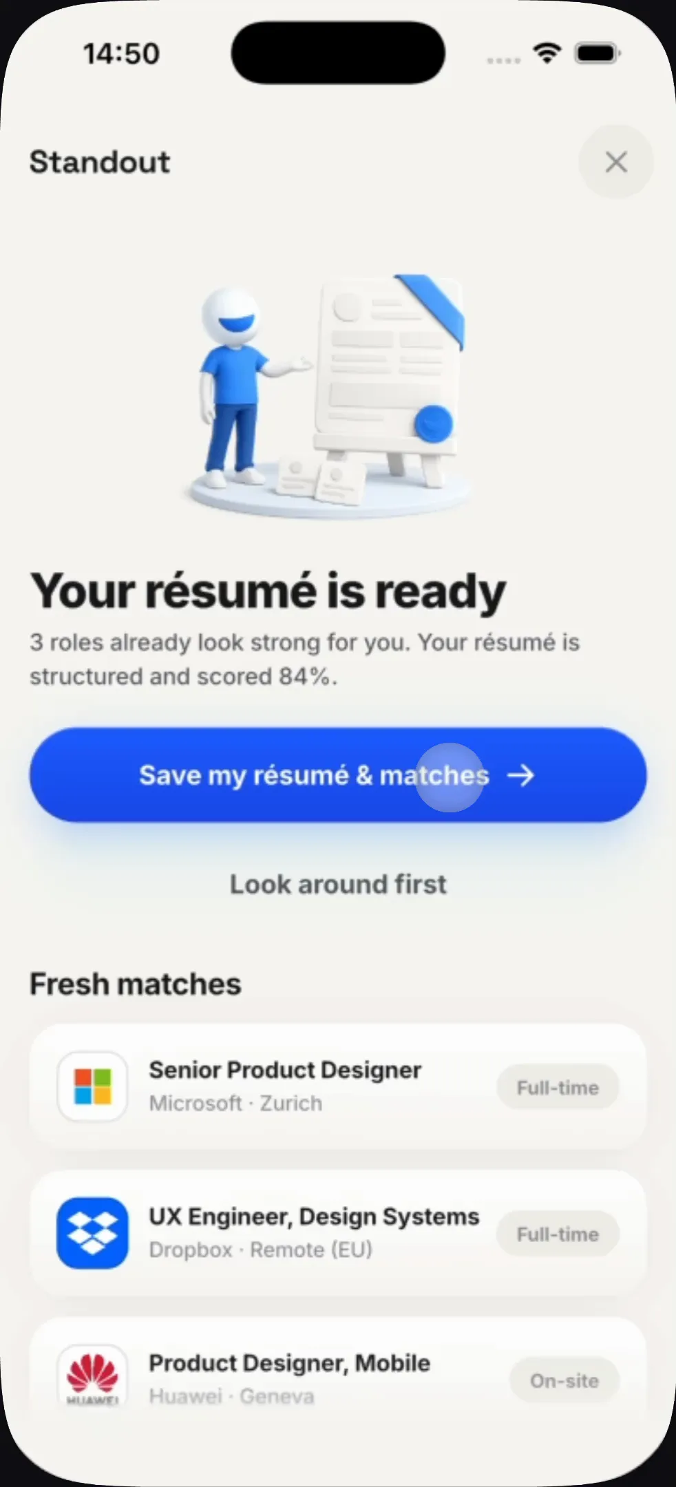Standout — résumé scored and matched, before signup