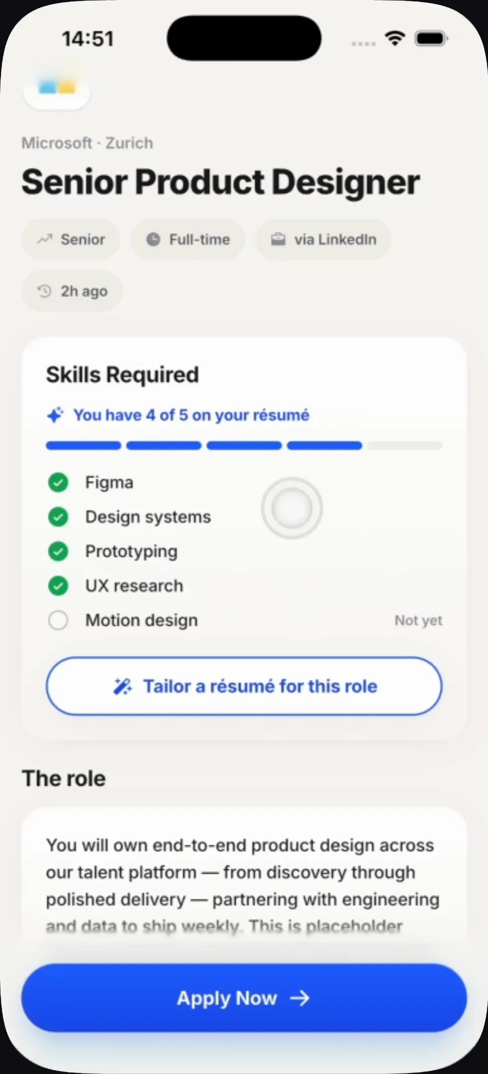 Standout — a role with skills matched against the résumé