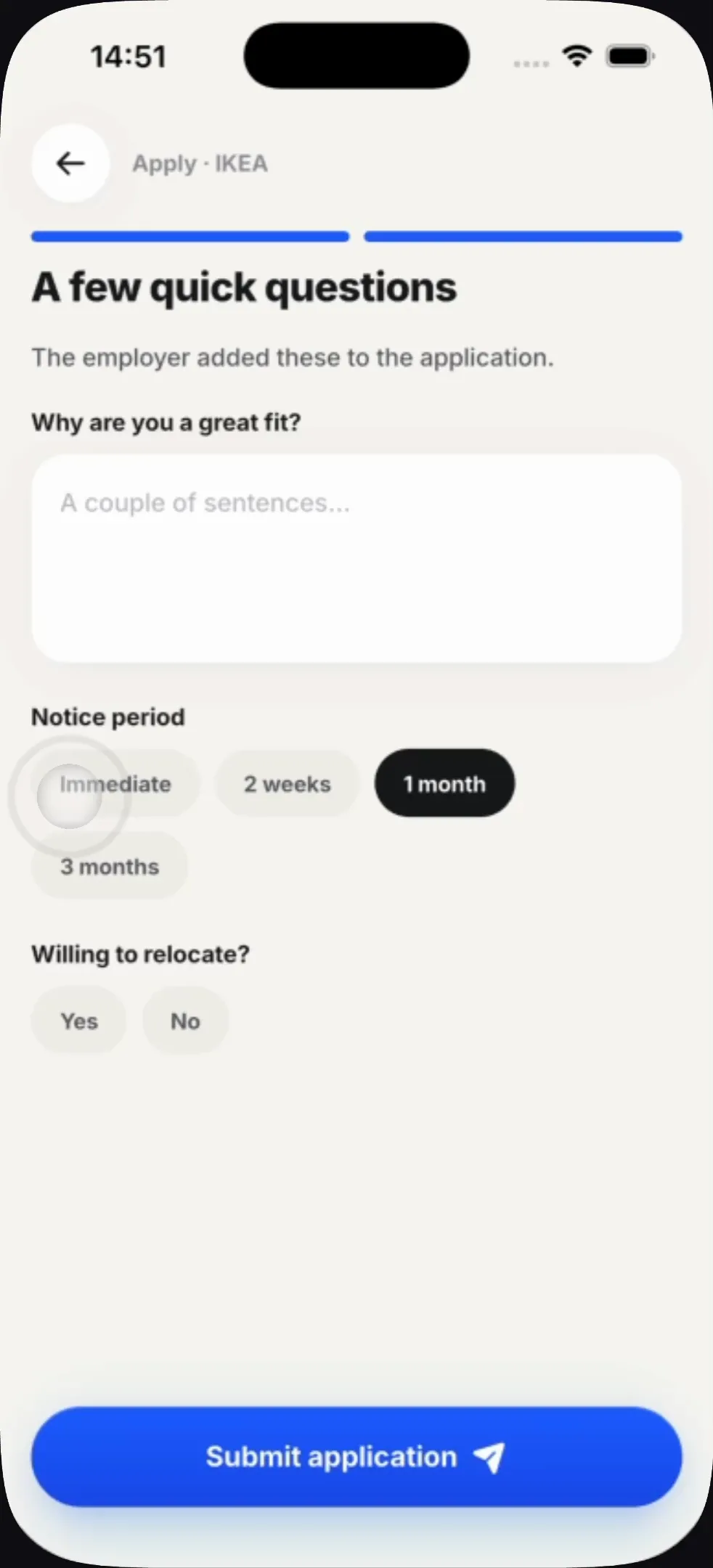 Standout — employer questions inside the apply flow