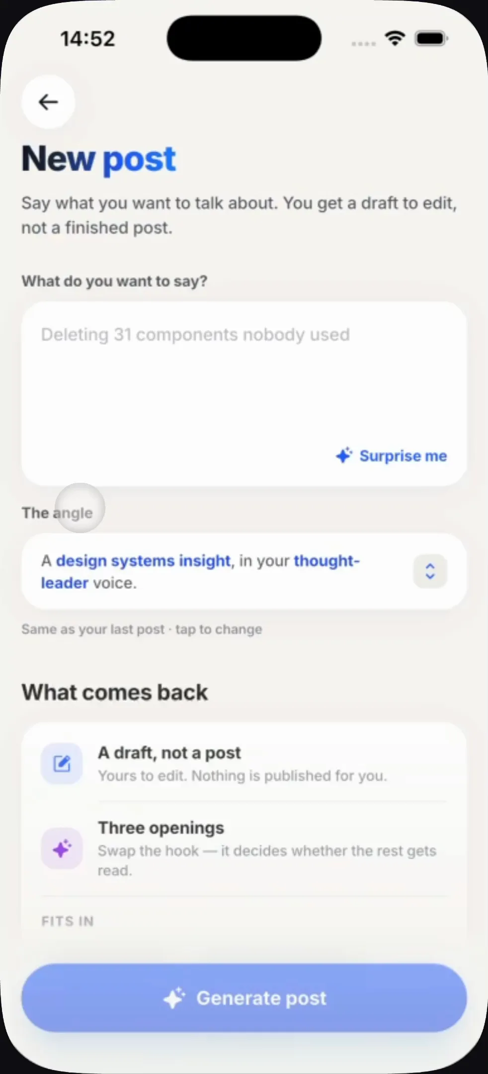 Standout — empty post composer with a voice control