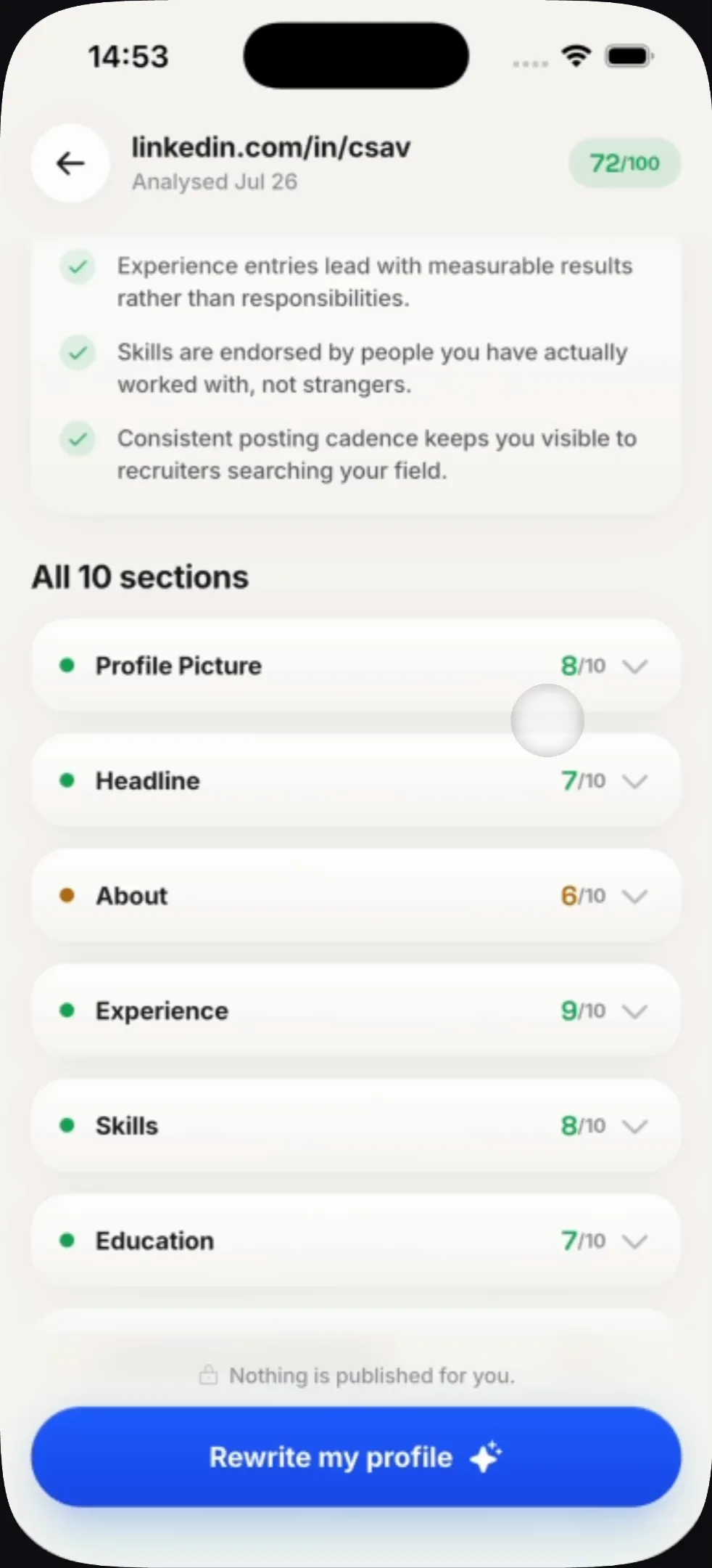 Standout — profile scored, ten sections