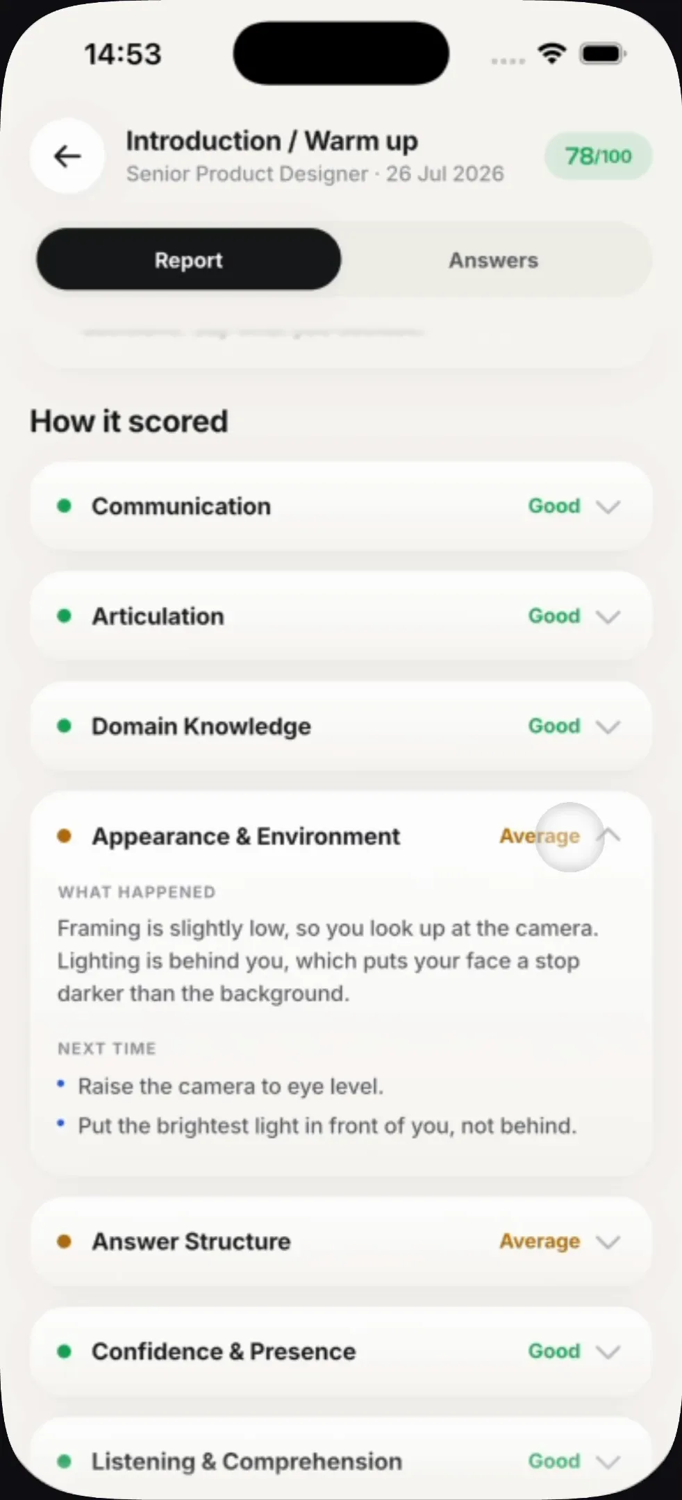 Standout — scored interview report across seven dimensions