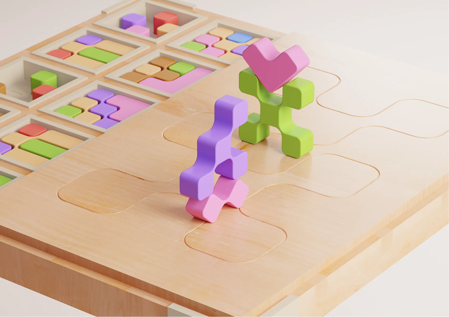 Morpho — coloured pieces mid-assembly on the board