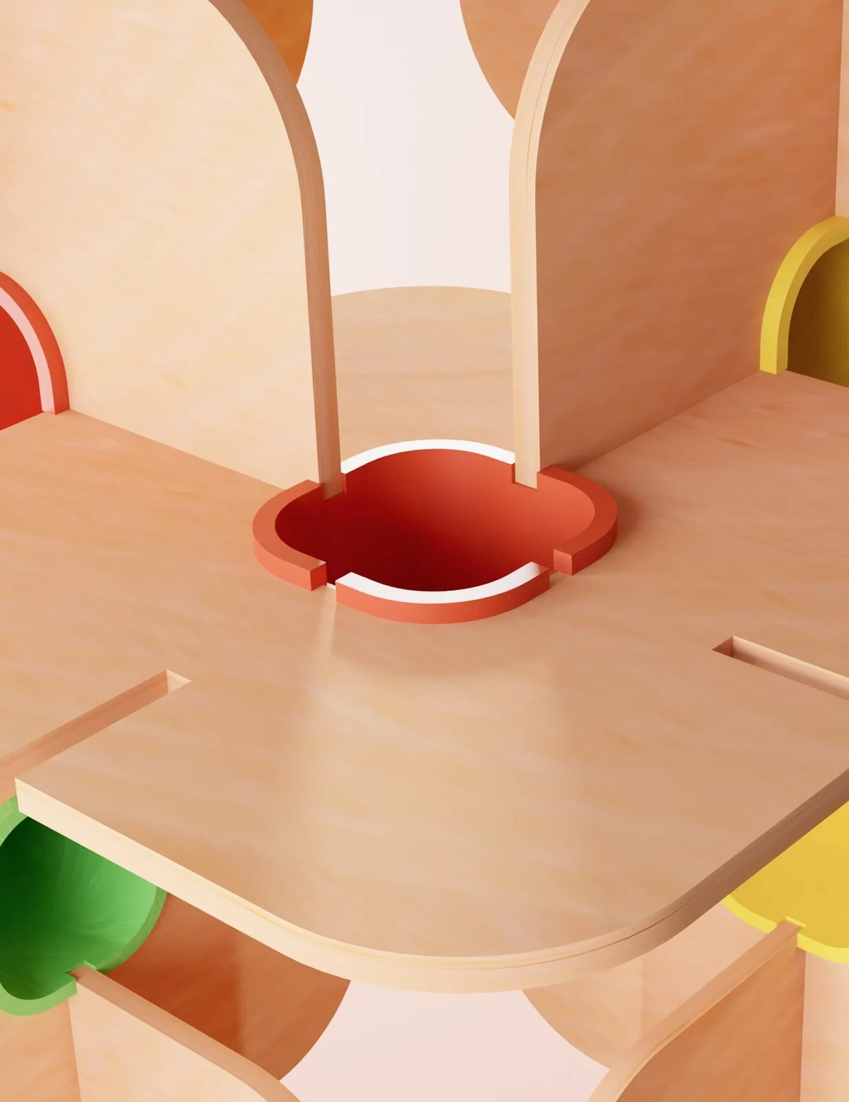 Slot-Fit — red bowl seen from inside the shelf