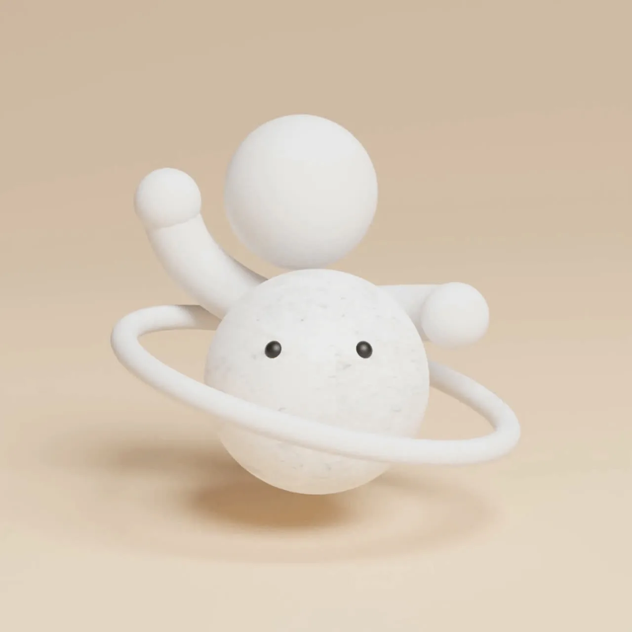 Shot — A clay figure riding a ringed sphere, waving