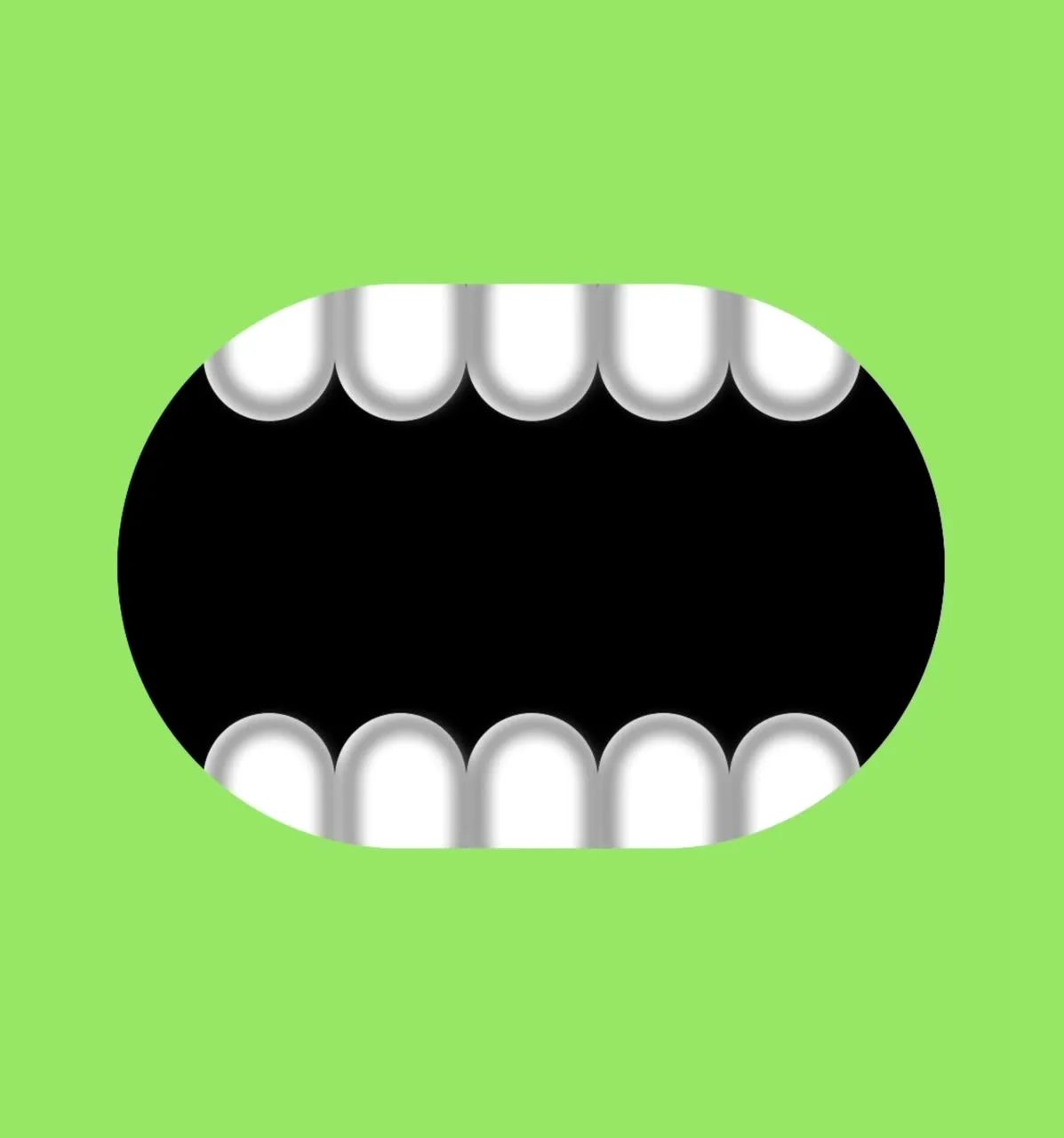 Shot — A wide grinning mouth opening and snapping shut, bouncing around a green field