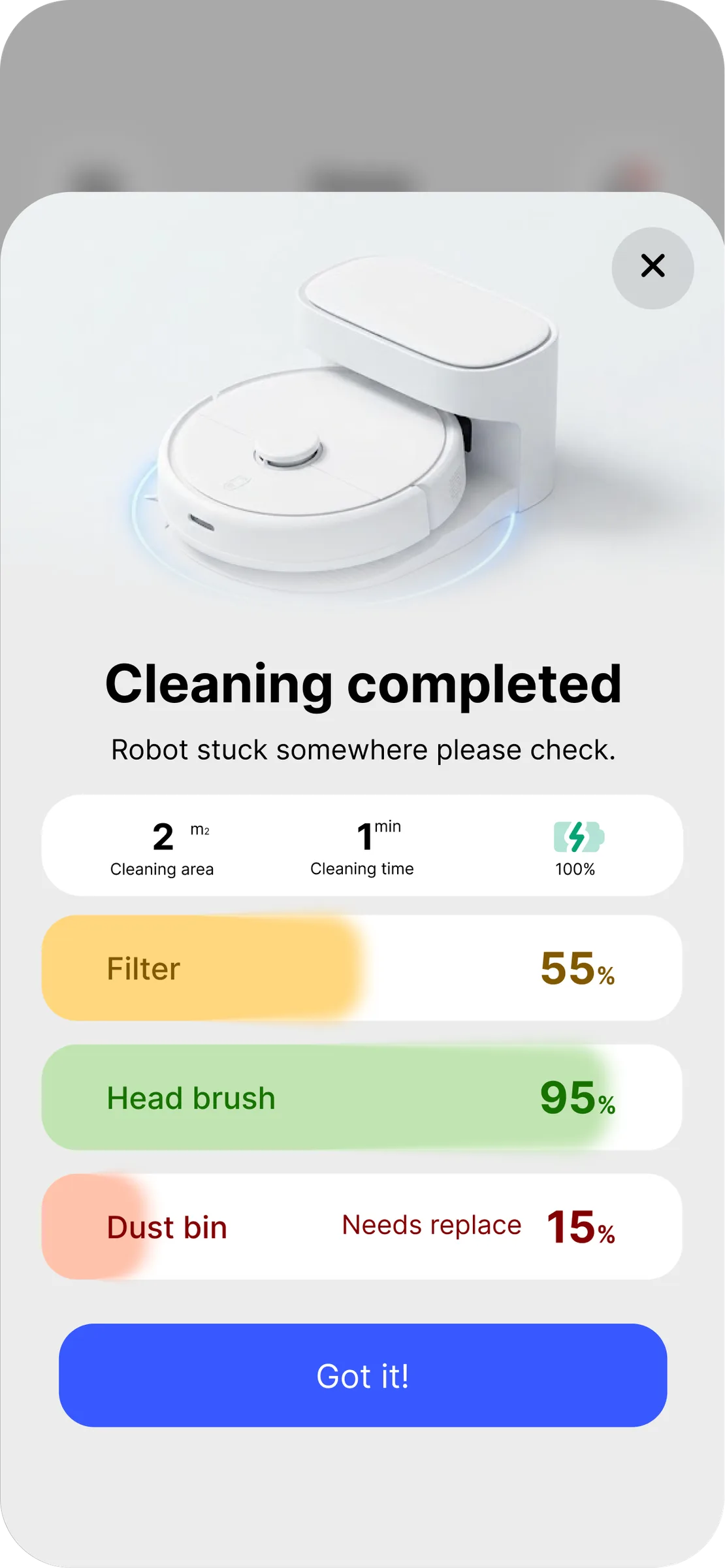 Vacuum App — cleaning complete with consumable levels