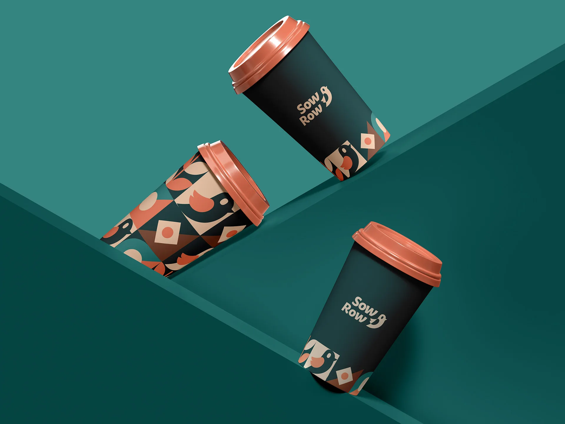 Sow Row — patterned cups on a teal ground