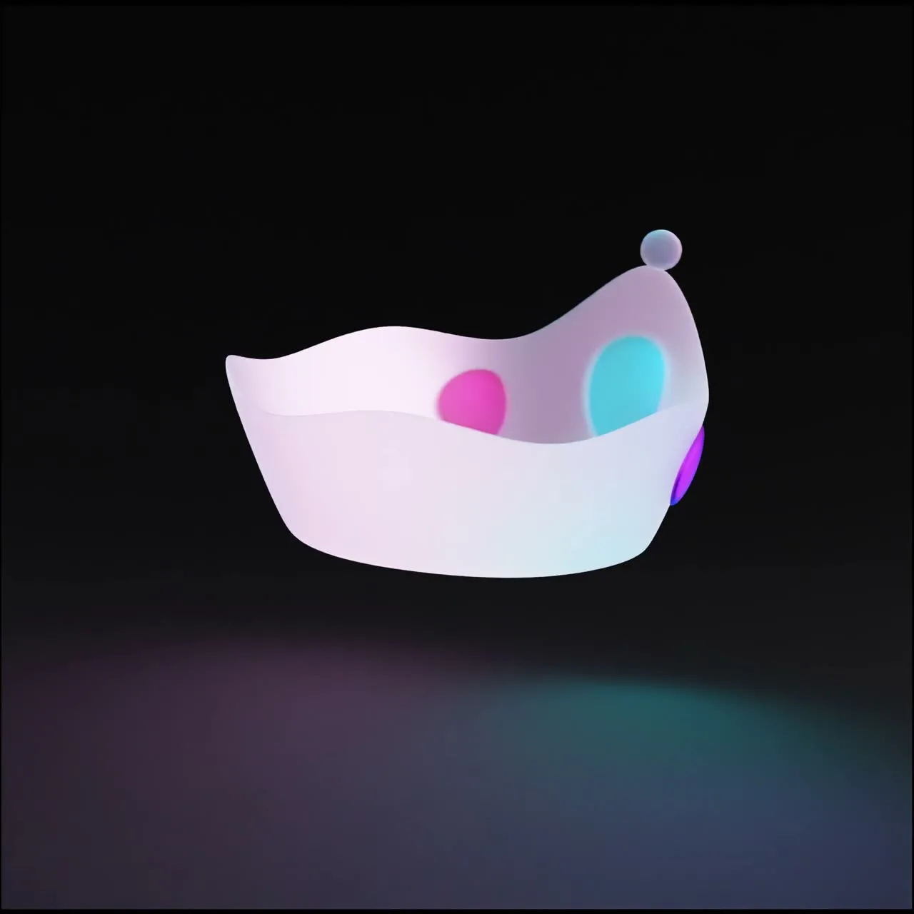 Shot — An iridescent glass crown turning slowly in the dark