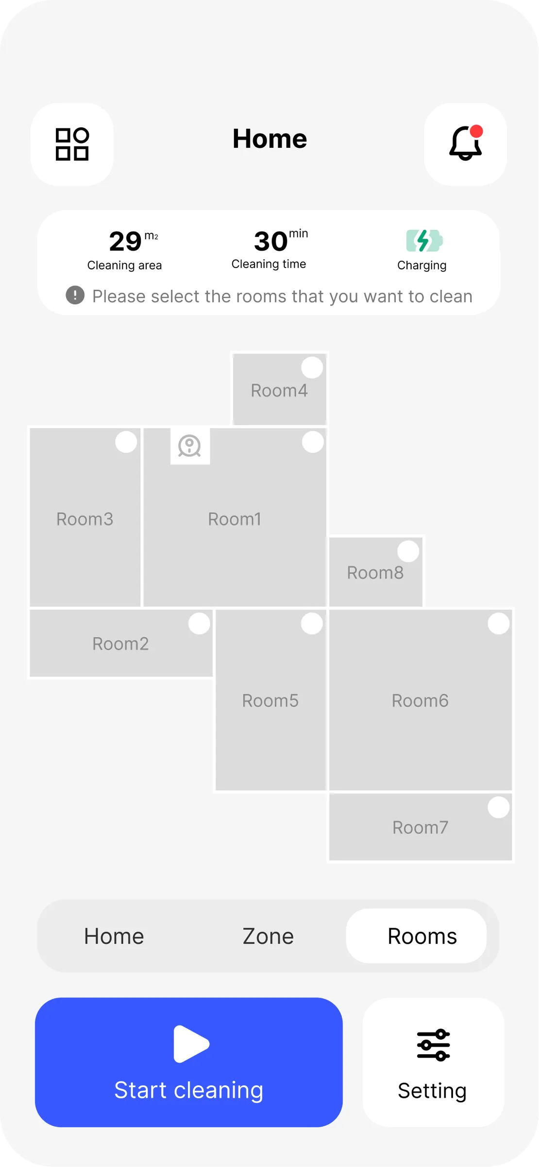 Vacuum App — selecting rooms to clean