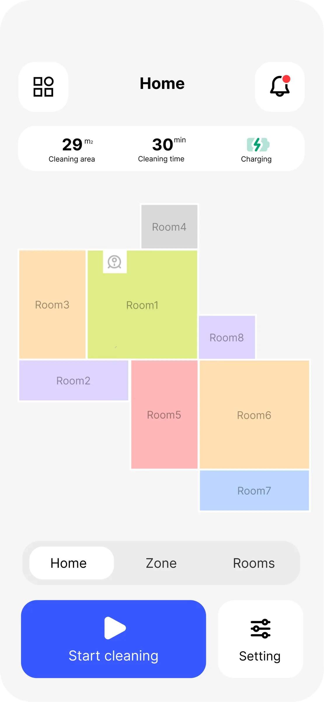 Vacuum App — rooms colour-coded on the map