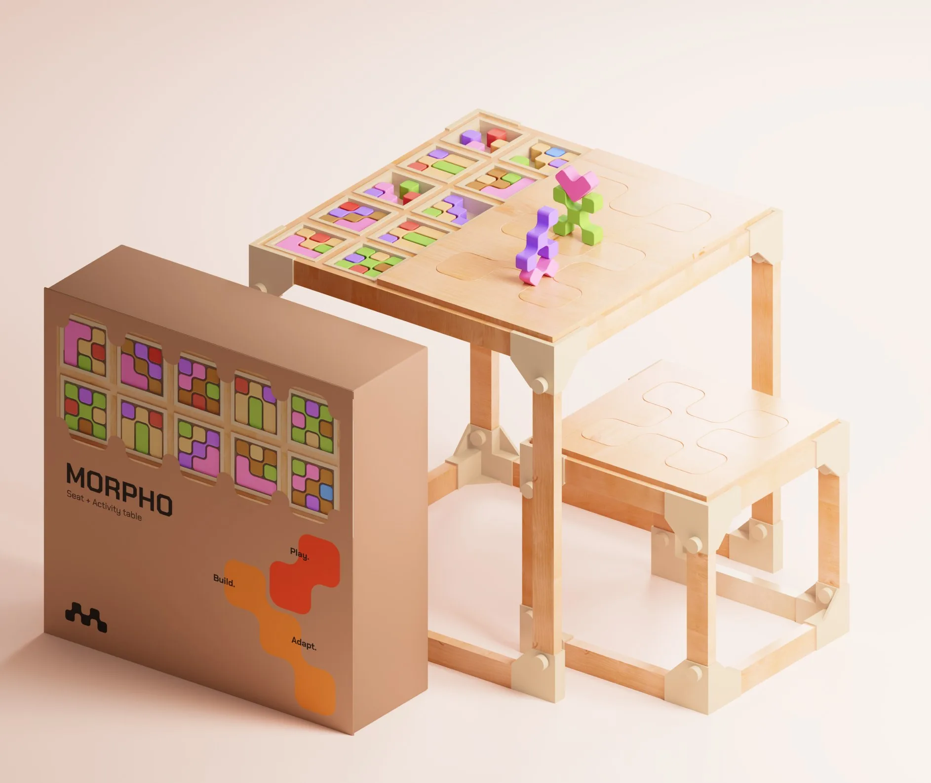 Morpho — carton standing beside the assembled set