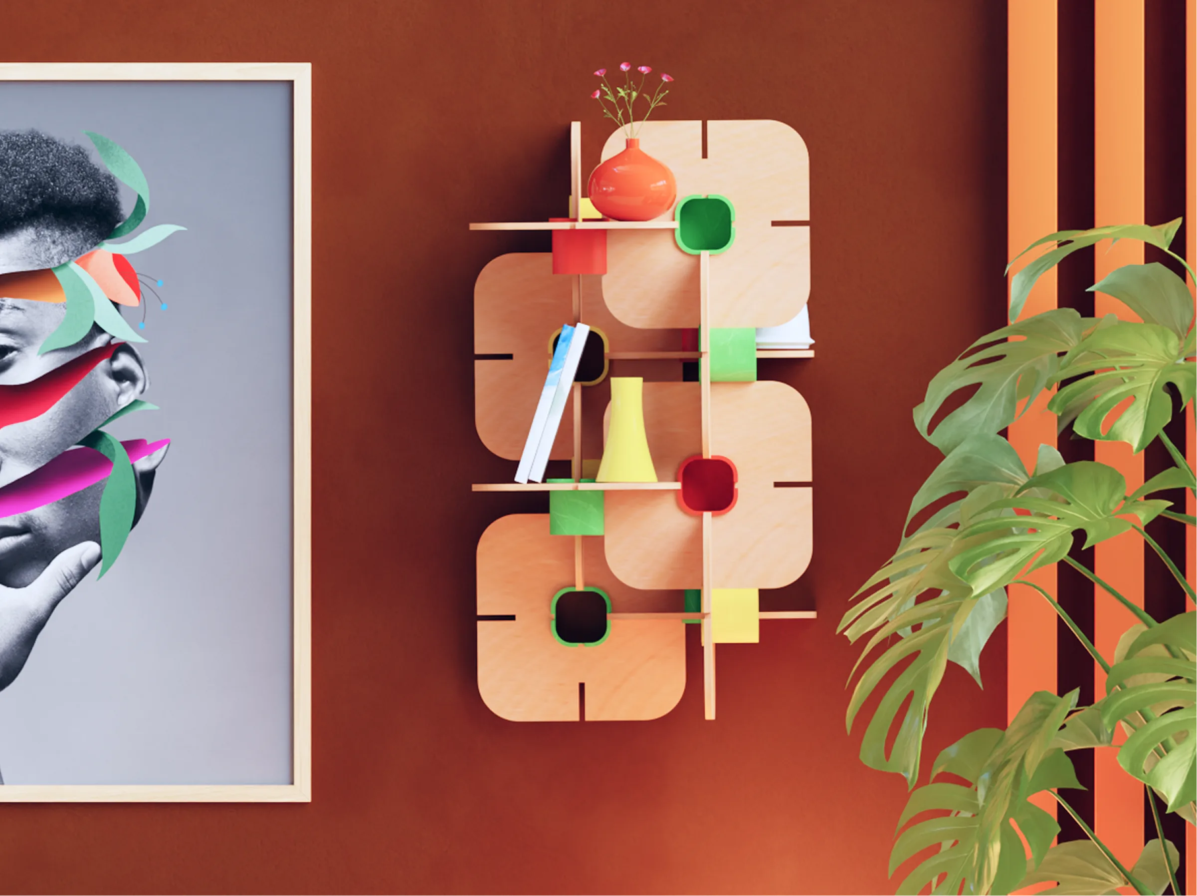 Slot-Fit — Slot-Fit styled on a terracotta wall with plants and books