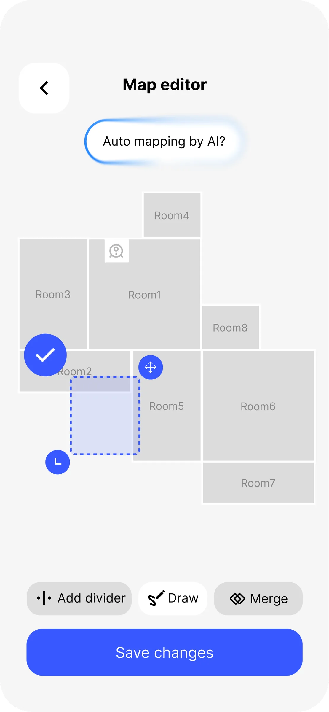 Vacuum App — map editor with a room selected