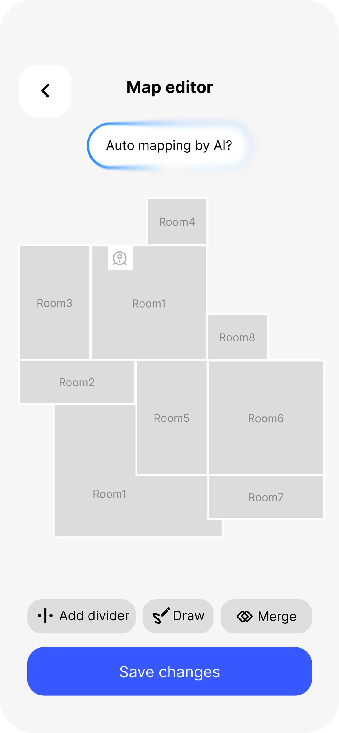 Vacuum App — map editor showing all rooms