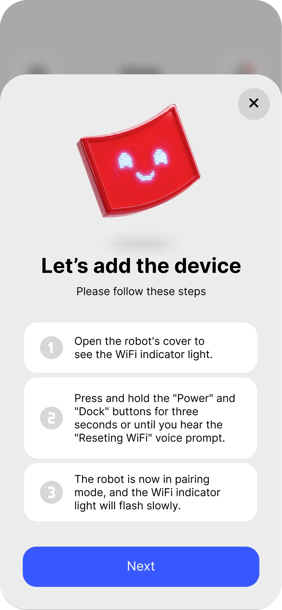 Vacuum App — add device: three preparation steps