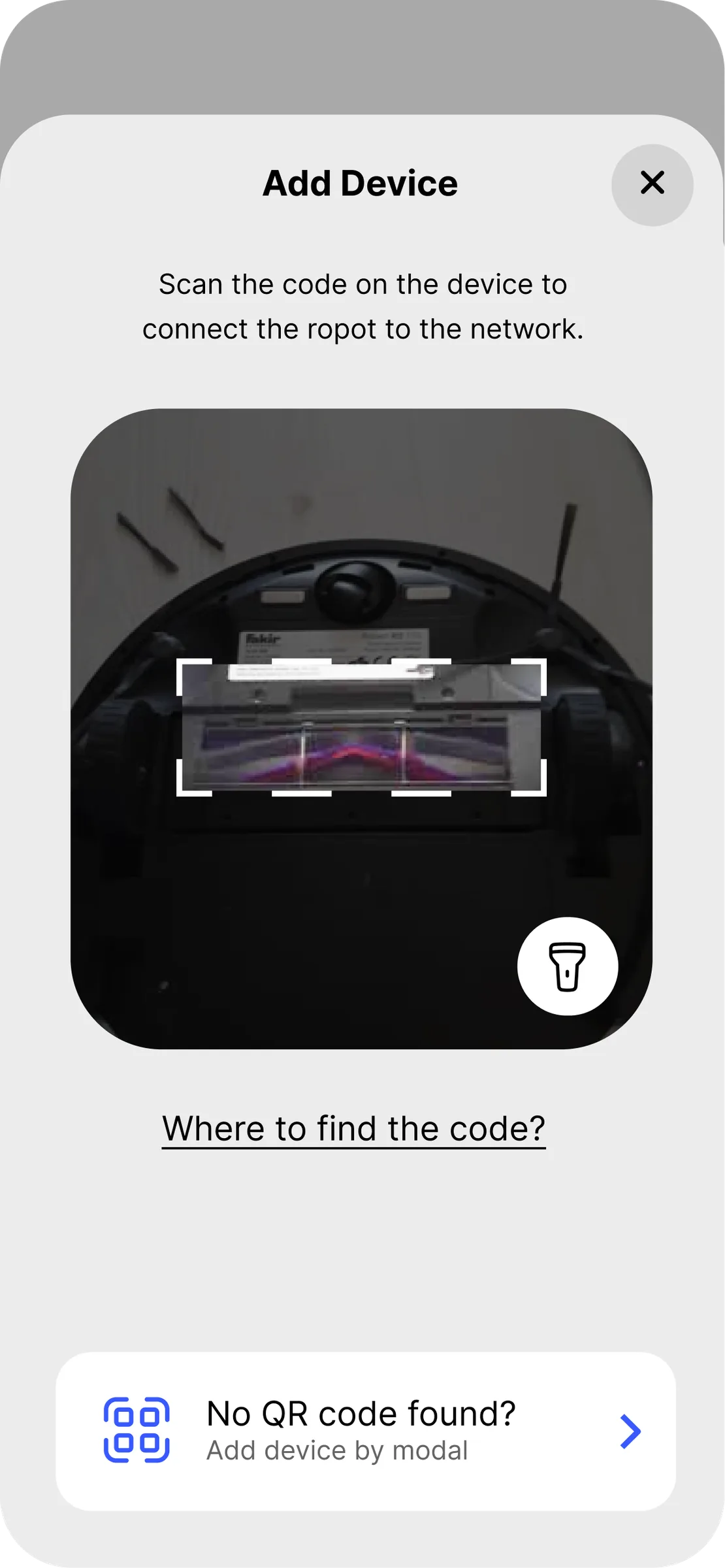 Vacuum App — scanning the QR code under the robot
