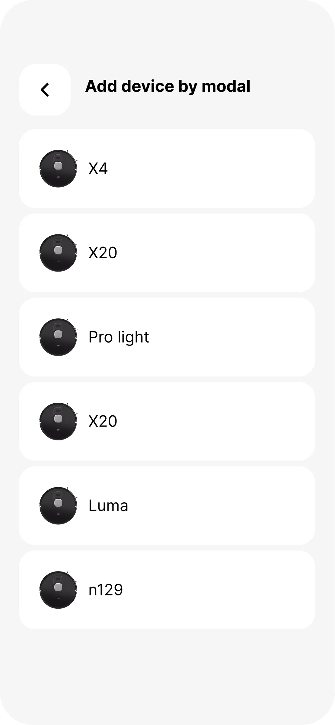 Vacuum App — choosing the robot by model instead