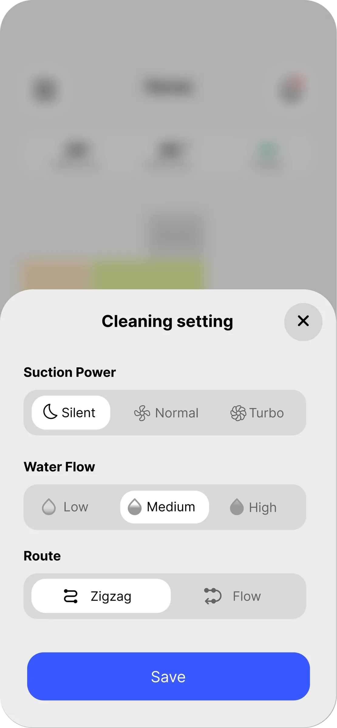 Vacuum App — cleaning settings: suction, water flow, route