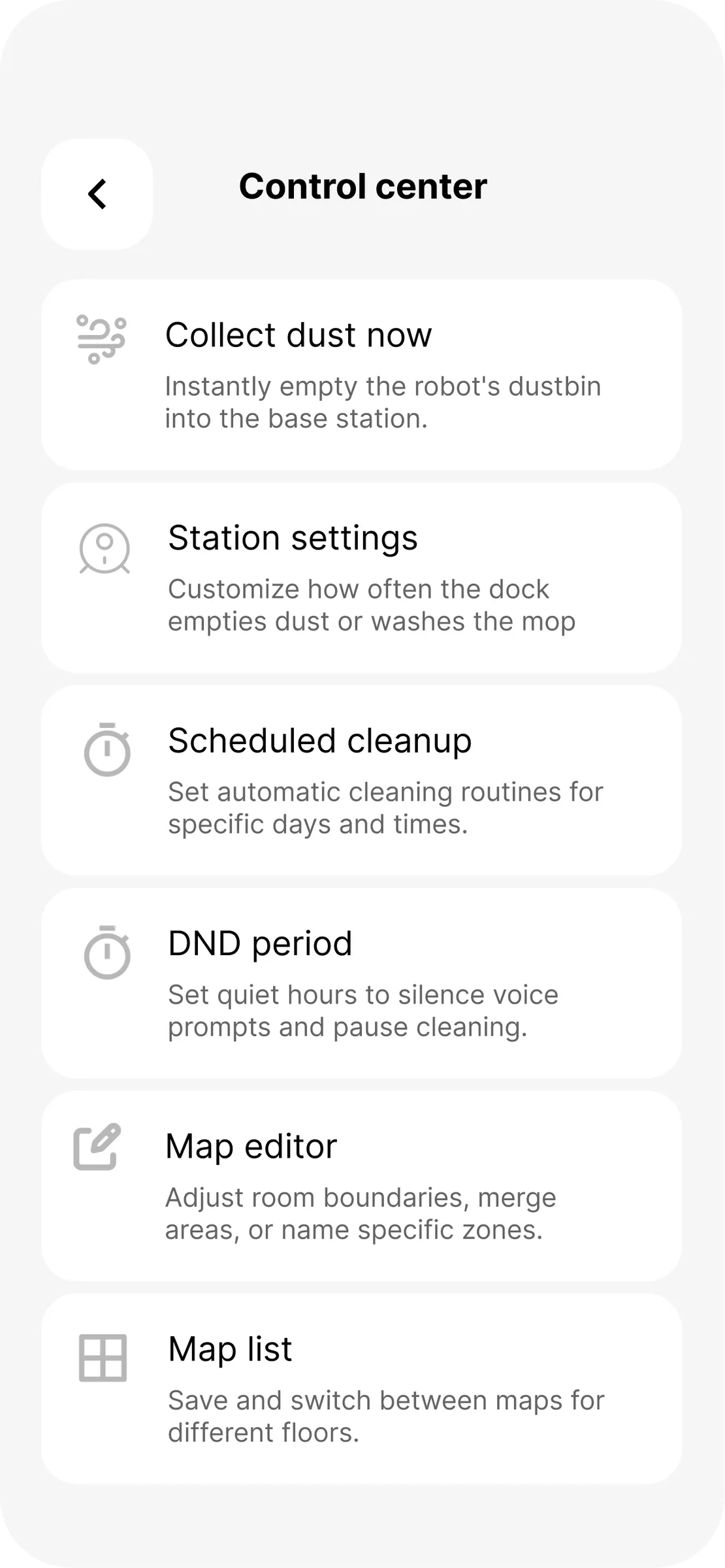 Vacuum App — control centre listing dock and schedule settings