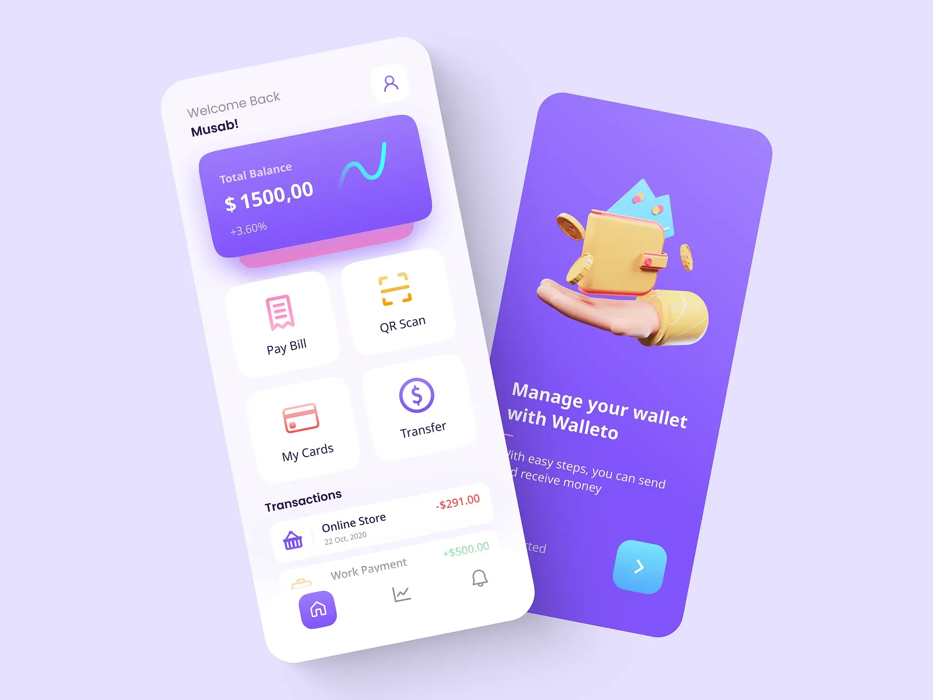 Shot — A wallet app — balance, transactions and a transfer flow