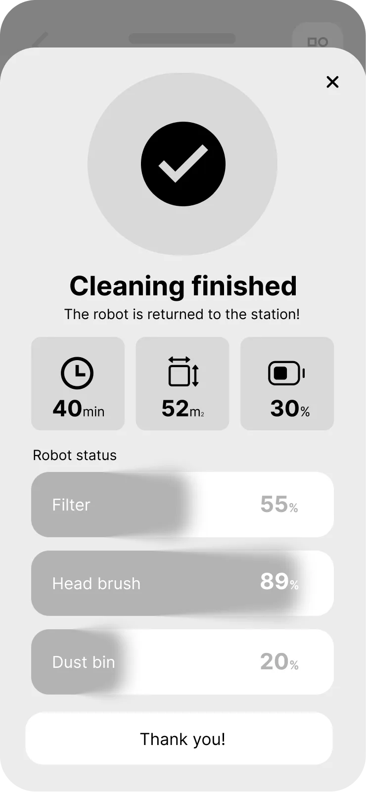 Vacuum App — wireframe — cleaning complete