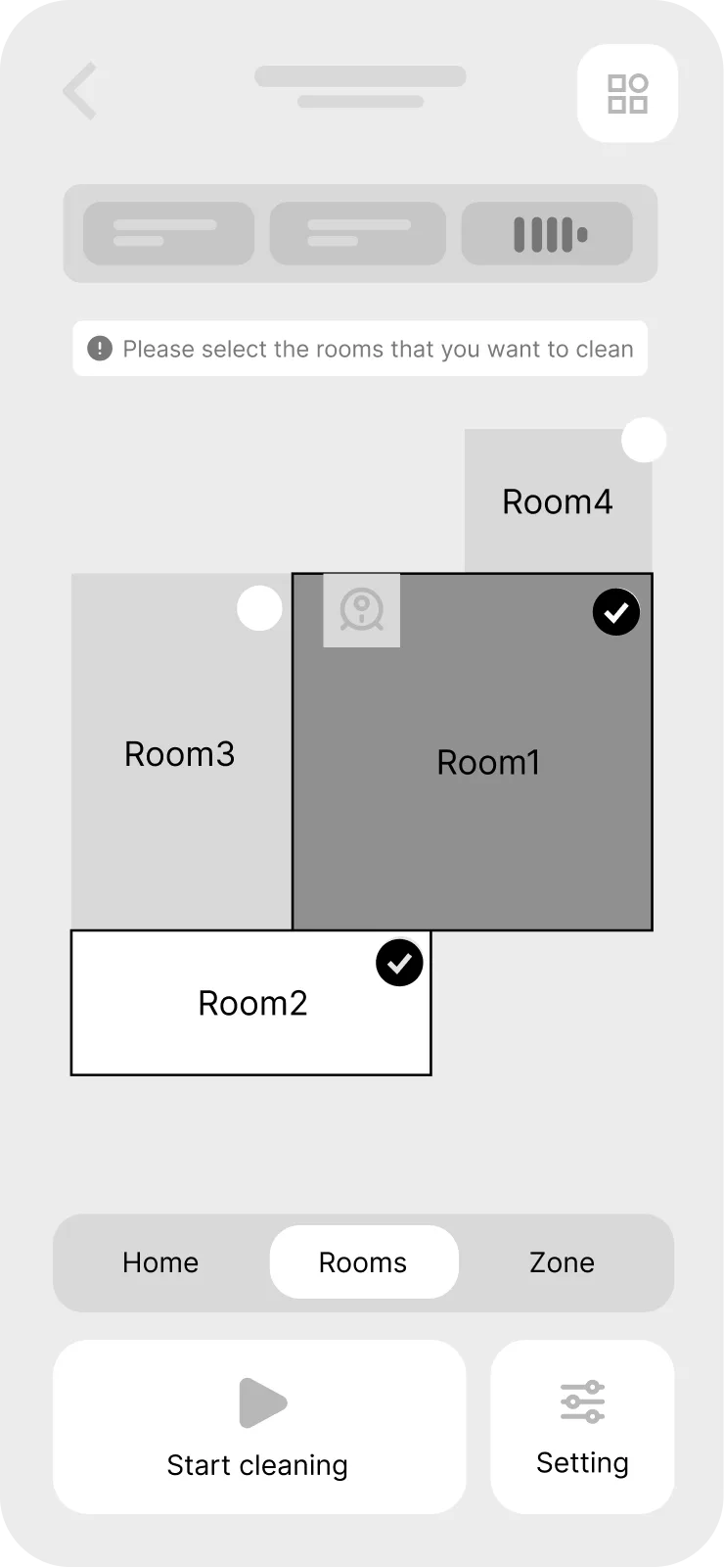 Vacuum App — wireframe — selecting rooms