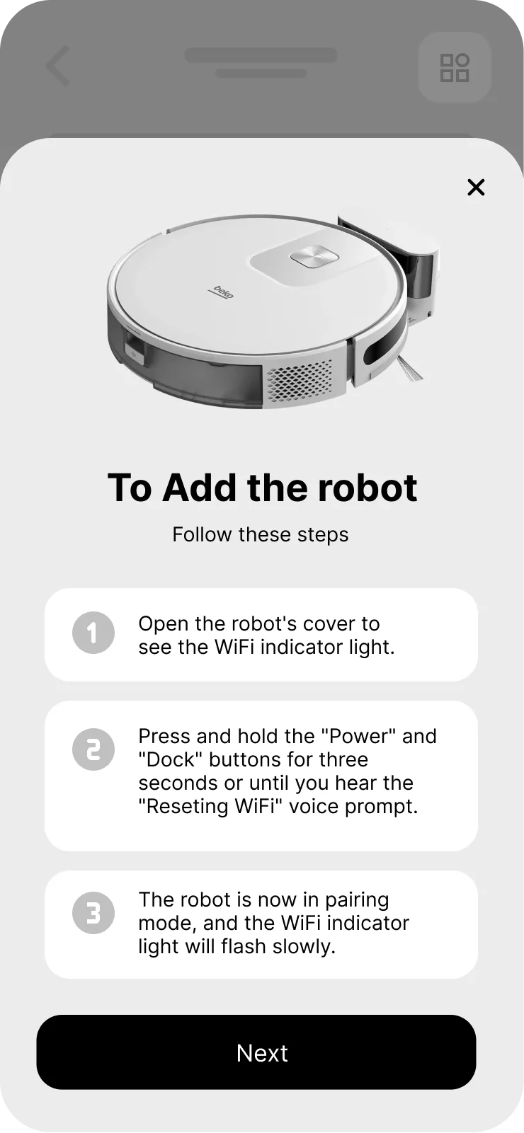 Vacuum App — wireframe — pairing steps