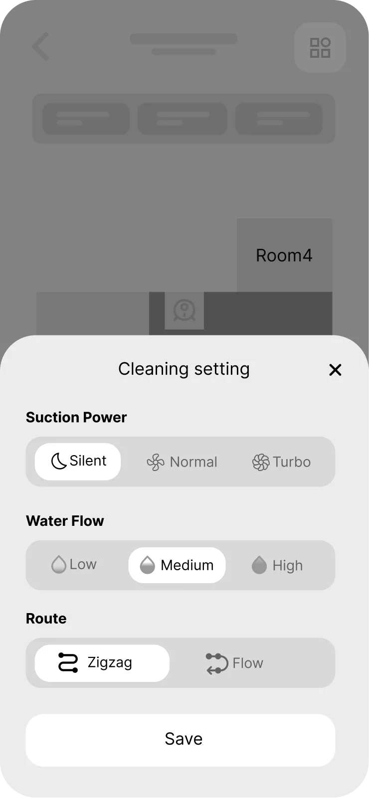 Vacuum App — wireframe — cleaning settings