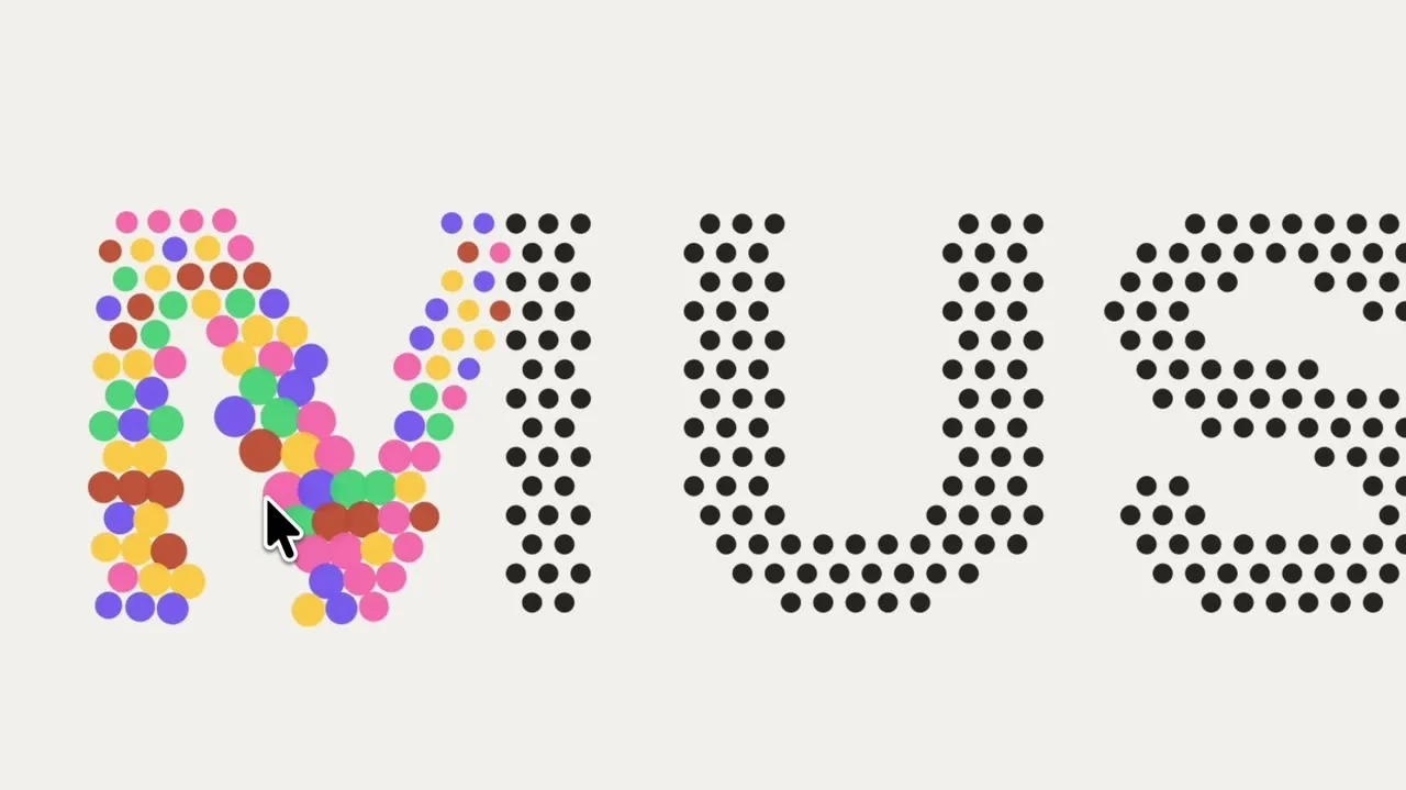Shot — MUSAB set in a halftone grid, the dots taking colour wherever the cursor passes